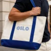 Strandtaske med broderet tekst