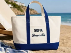 Strandtaske med broderet tekst