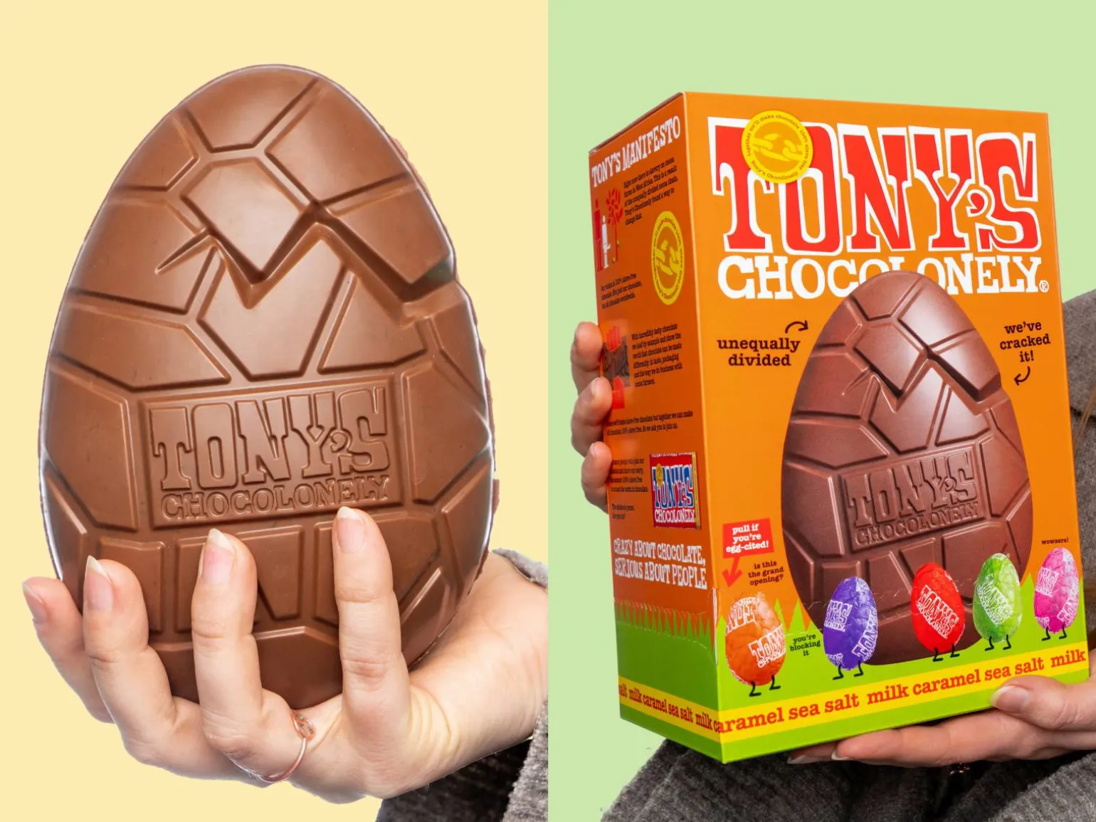 Tony's Chocolonely mælkechokolade med karamel og havsalt-påskeæg